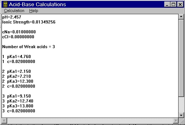 Окно результатов расчета программы Acid-Base Calculator