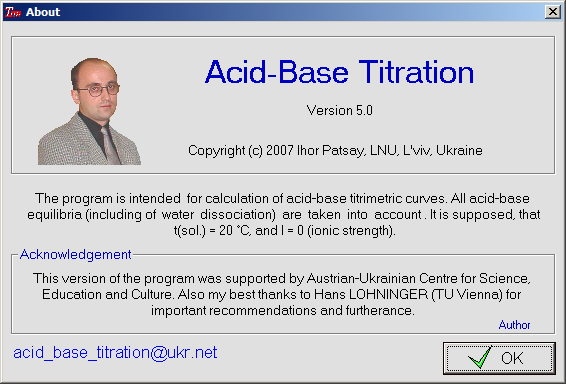 Экран программы The acid-base titration при загрузке