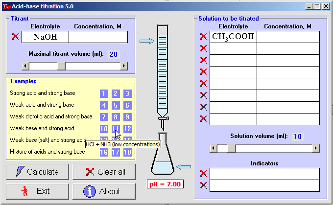 Всплывающая подсказка над одним из примером титровальной системы в программе The acid-base titration